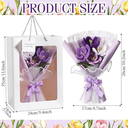 Crochet Flowers Bouquet Gift Christmas Crochet Flower Tulips Completed Handmade Knitted Bouquet with Card for Women Girlfriend Lover Appreciation Gift Birthday Wedding Teacher Decor(Purple)