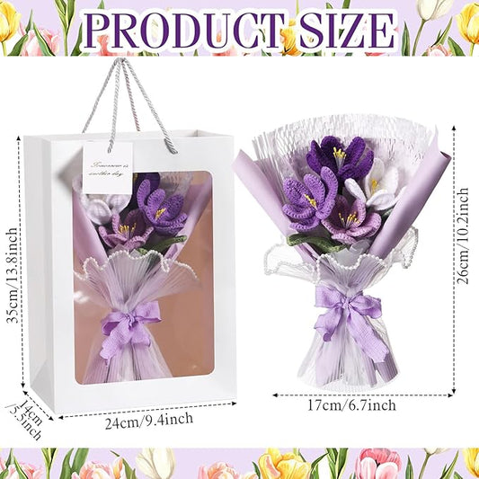 Crochet Flowers Bouquet Gift Christmas Crochet Flower Tulips Completed Handmade Knitted Bouquet with Card for Women Girlfriend Lover Appreciation Gift Birthday Wedding Teacher Decor(Purple)