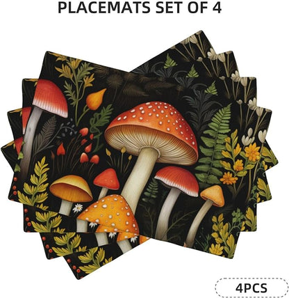 Placemats 4 pcs Mushroom Double-Layer Imitation Linen Place Mats Non-Slip Heat-Resistant Tablemats for Home Restaurant Hotel 18×12 Inch