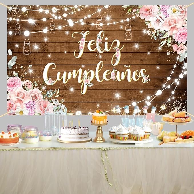 Feliz Cumpleaños Backdrop Pink Floral Retro Mexican Fiesta Happy Birthday Party Decorations Mexico Carnival Birthday Banner Photo Shoot Props 8x6ft