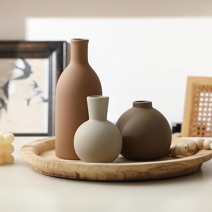 Ceramic Vase Set of 3, Vases Home Decor Rustic Farmhouse Decorative Vase Pottery Vases for Bouquet Pampas Grass Dried Fresh Flowers, Table Living Room Kitchen Bedroom Bathroom - Brown
