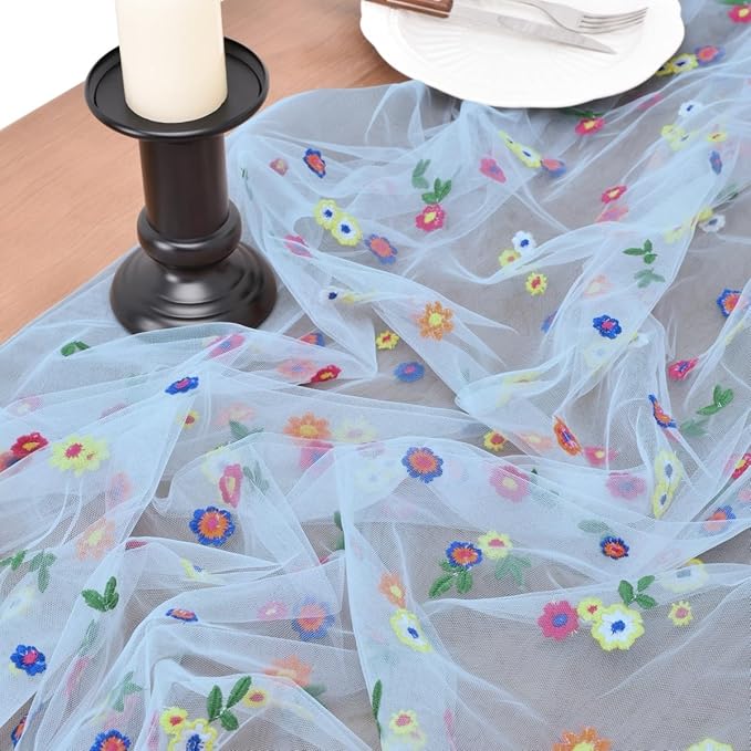 Joanlody Blue Embroidery Daisy Christmas Table Runner Florals Seasonal Tulle Table Runner Holiday Kitchen Dining Table Decoration Wedding Party