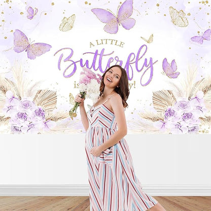 Mocsicka 7x5ft Butterfly Baby Shower Backdrop Purple A Little Butterfly is on Her Way Banner Boho Floral Lavender Purple Butterfly Baby Shower Decorations Photo Booth Props