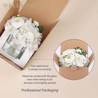 WELL KNOWN Fake Flowers in Vase, Hydrangea Ranunculus Artificial Flowers with Vase, Silk Faux Floral with Faux Water Arrangements Centerpiece for Office Dining Table Home Hotel Wedding Decor (White)