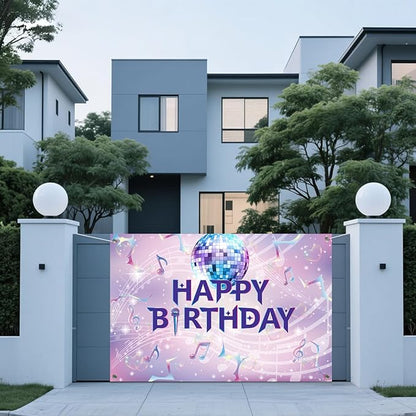 Pink Purple Birthday Backdrop, 1.5x1m/59.06x3.28ft Cartoon Happy Birthday Backdrop Dreamy & Funny Musical Themed Party Banner for Women Girl Celebration Decoration