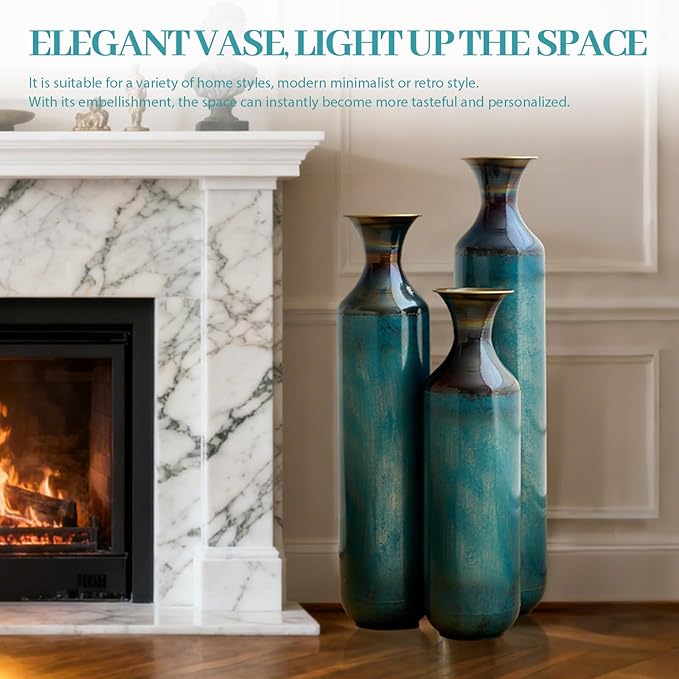 Floor Oversized Gold Metal Decorative Vase with 3D Triangle Pattern Set of 3 Large Vases for Home Living Room 33.5 ", 29.5 ", 25.2" High (Aqua Blue)