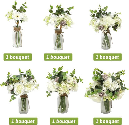 Zerzsy Artificial White Peony Flower Bouquet with Green Leaves Stem, 4pcs Stems Silk Flowers Bouquet Fake Peonies Flower Arrangements Vase Decorating for Centerpiece Table Wedding Party Home