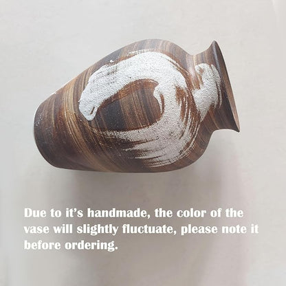 Rustic Brown Vase - 10" Handmade Brown and White Farmhouse Terracotta Vase, Unique Boho vase, Decorative Neutral Vases Home Decor, Vintage Ceramic Flower vases for Living Room, Kitchen Decor