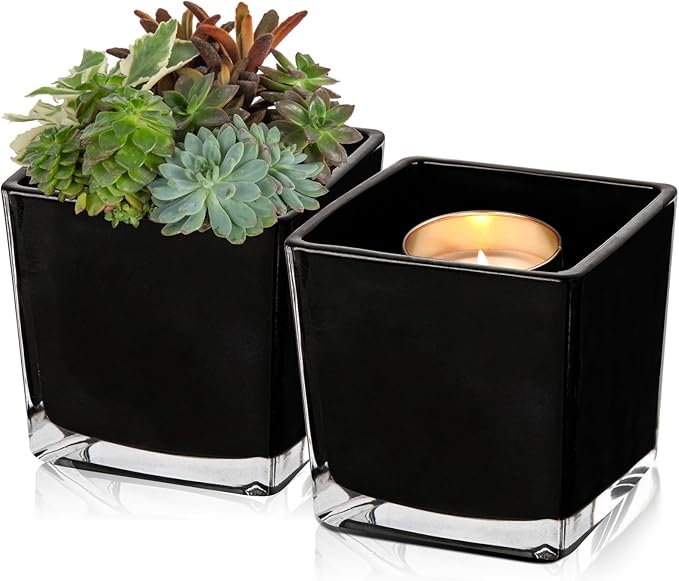 Square Glass Vase, 5" x 5" Black Cube Glass Vases Floral Planter Centerpiece for Home Party Event Wedding, Candle Holder, Set of 2