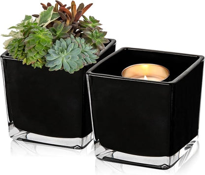 Square Glass Vase, 5" x 5" Black Cube Glass Vases Floral Planter Centerpiece for Home Party Event Wedding, Candle Holder, Set of 2