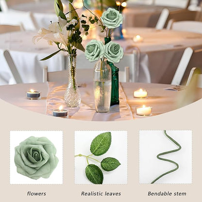 100PCS Elf Green Artificial Flowers Roses Real Looking Foam Fake Roses with Leaves for DIY Wedding Bouquets Bridal Shower Party Decorations (Elf Green, 100)