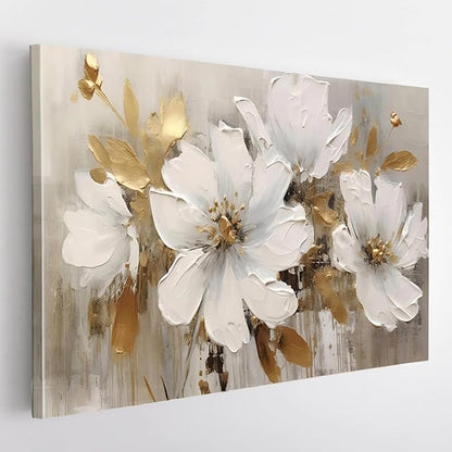 Flower Pictures Wall Decor Framed Abstract White Flower Oil Painting on Canvas Wall Art Modern Abstract Blooming Floral Minimalist Wall Decor Print for Office Living Room Kitchen Decor 12x16 inch