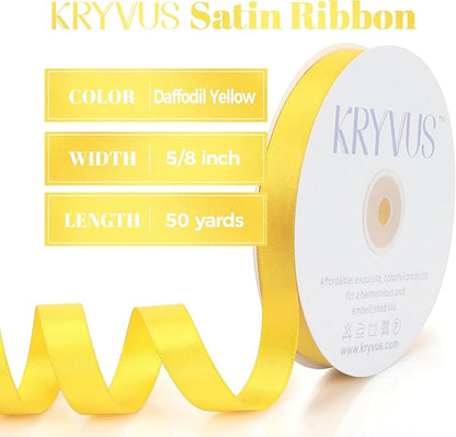 Daffodil Yellow Satin Ribbon, Double Faced 5/8 Inch X 50 Yards Daffodil Ribbon, Premium Satin Ribbon for Gift Wrapping, Crafts, Hair Bow Making, Sewing, Flower Bouquet, Wedding Party Decor