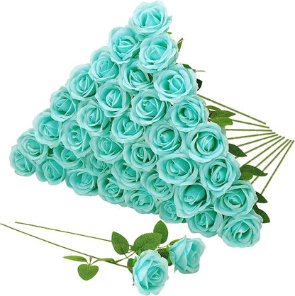 36 Pcs Turquoise Artificial Roses with Long Stems, Fake Silk Rose Artificial Flowers Bulk for Bridal Wedding Bouquet Centerpiece Ball Arrangement Party Decor