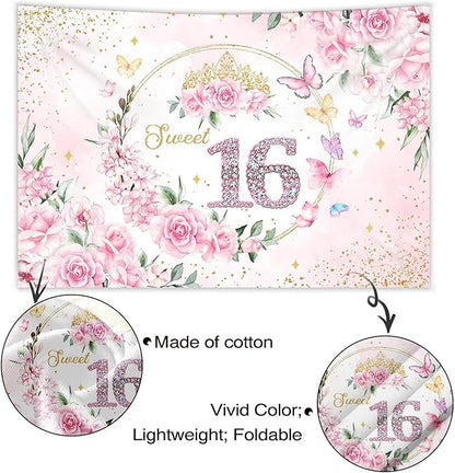 Mocsicka 7x5ft Sweet 16 Backdrop Sweet 16 Banner Decorations for Girls Birthday Party Pink Floral Gold Dots Sweet 16 Background Sweet Sixteen Decorations Photo Booth Props