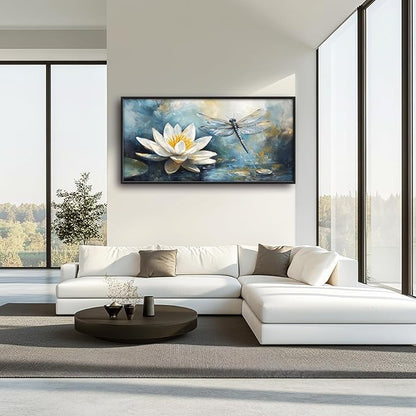 Extra Large Lotus Dragonfly Framed Wall Art for Living Room,Abstract Blue Lotus Flower Lake Pictures Wall Decor,Nature Canvas Print Painting Modern Artwork Bedroom Office Bathroom 60L x 30W