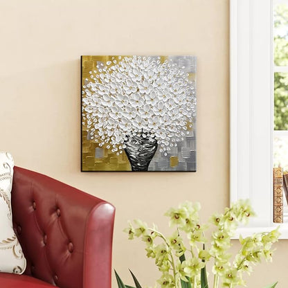 YaSheng Art- 3D Thick Texture White Canvas Wall Art Hand-Painted Minimalism Abstract Artwork Oil Painting Home Decorations Modern bedroom Wall Art Ready to Hang 24x24inch