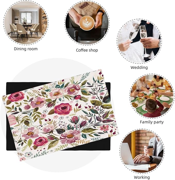 Watercolor Flower Linen Placemats Set of 4,Summer Floral Non Slip Heat-Resistant Washable Table Place Mats Tablemats for Kitchen Dining Table 4 PCS, Pink Flowers