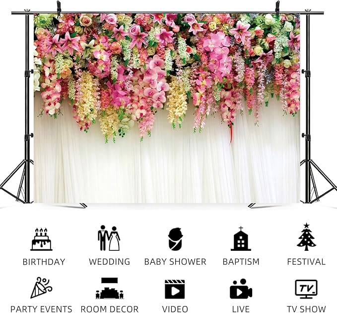 6x4ft Pink Floral Backdrop White Curtain Wedding Reception Photography Background Colorful Flowers Anniversary Bridal Shower Decorations Birthday Party Baby Shower Portrait Photo Booth Prop