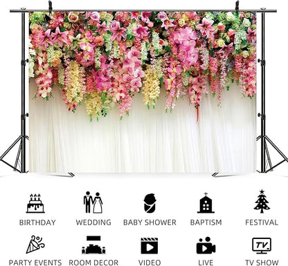9x6ft Pink Floral Backdrop White Curtain Wedding Reception Photography Background Colorful Flowers Anniversary Bridal Shower Decorations Birthday Party Baby Shower Portrait Photo Booth Prop