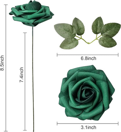 25pcs Dark Green Artificial Flower Foam Rose Real Touch Roses Flower Heads with Stem for DIY Wedding Bouquets Centerpieces Arrangements Party Baby Shower Home Decor (Dark Green)