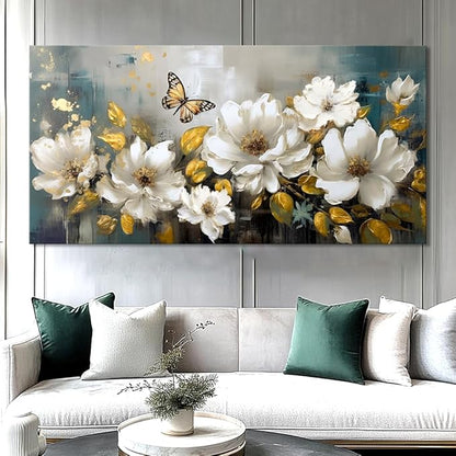 vgrozirh Wall Art Modern Flower Artwork Paintings White Blossom Gold Leaf Butterfly Landscape Picture wall Decor for Living Room Bedroom Kitchen 71"x36"