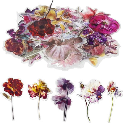 Transparent Flower Stickers for Scrapbooking PET Nature Plant Stickers Floral Stickers Vintage Craft Sticker Colorful Small Flower Sticker for Journaling Scrapbooking Clear Flower Decals(Style C)
