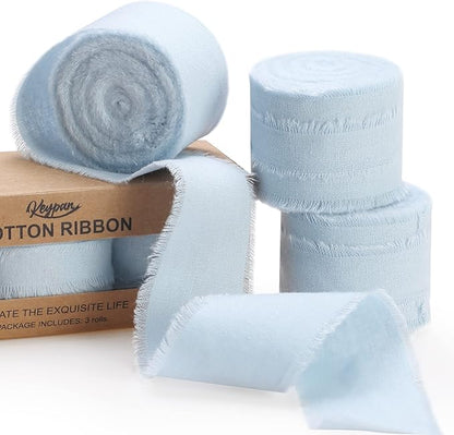 Blue Ribbon 1-1/2 x 15 Yards Handmade Cotton Frayed Fringe Fabric Ribbons for Crafts Flower Bouquets Wedding Baby Shower Home DIY Decor
