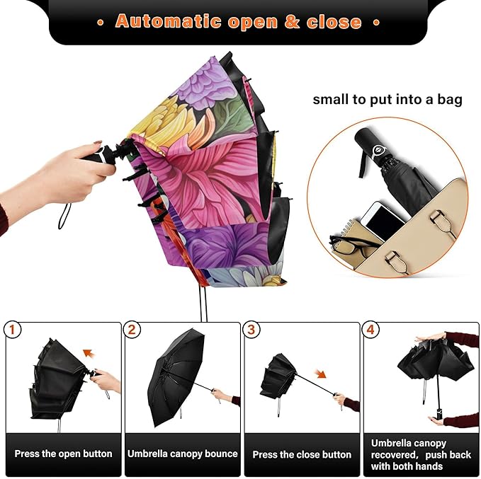 Automatic Folding Umbrella Windproof Strong, UV Protection Compact Floral Hydrangea Hummingbird Sun Rain Sun Rain Travel Umbrellas for Women Men