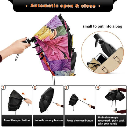 Automatic Folding Umbrella Windproof Strong, UV Protection Compact Floral Hydrangea Hummingbird Sun Rain Sun Rain Travel Umbrellas for Women Men