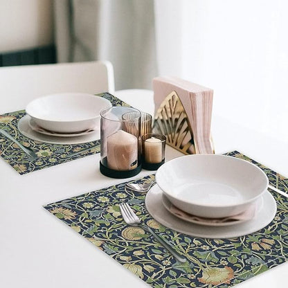 William Morris Flower Placemats Set of 6, Vintage Botanical Plant Place Mats, Heat Resistant Non Slip Cotton Linen Dining Table Mats for Home Kitchen Party 18x12 Inch