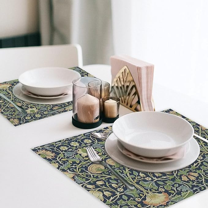 William Morris Flower Placemats Set of 4, Vintage Botanical Plant Place Mats, Heat Resistant Non Slip Cotton Linen Dining Table Mats for Home Kitchen Party 18x12 Inch