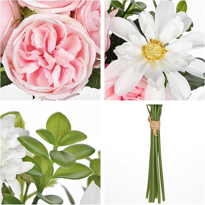 Peonies Artificial Flowers 9PCS Long Faux Pink Flowers Artificial Realistic Peony Daisies Silk Flower Arrangements 18.5" Fake Flowers for Vase Centerpiece Wedding Party Home Decor DIY Bridal Bouquet