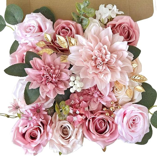 Silk Artificial Flowers Combo Box Set Dusty Pink Roses Gold Flowers Blush Pink Bridal Wedding Bouquets Cake DIY Fake Floral with Stems Arrangements Baby Shower Party Table Centerpieces Home Decor