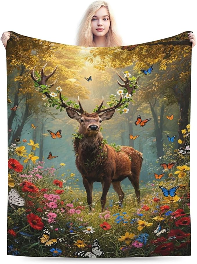 Forest Deer Blanket Hunting Elk Throw Blanket Wildlife Soft Cozy Fleece Fuzzy Stuffed Plush Flannel Gifts for Girls Women Boys Kids Adults 40''x50''