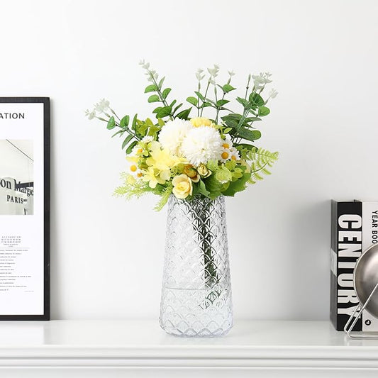 Glass Vase, Clear Flower Vase for Bouquet, Large Glass Vases for Flowers, Modern Vases for Living Room, Bedroom, Dining Table, Office, Kitchen, Wedding, 9 Inches