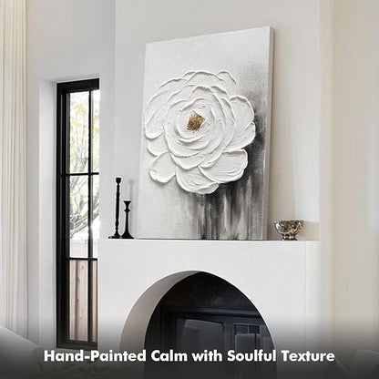 JUHOME Hand-Painted Oil Painting White Flowers Texture Black White Wall Art,3D Abstract Decorative Canvas Wall Decor, Home Office Hall Wall Decorative, 24 x 36