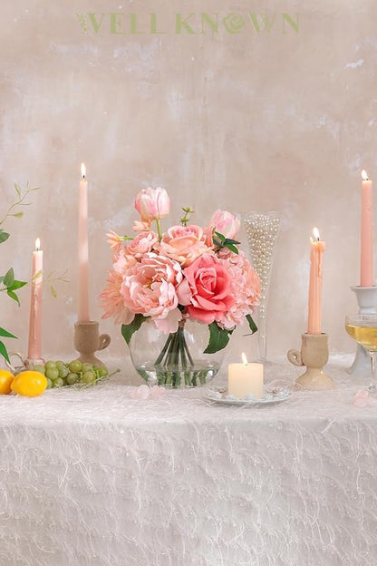 Artificial Flowers in Vase with Fake Water, Silk Tulips Peony Rose Flowers Bouquet with Glass Vase for Home Birthday Party Wedding Dinning Table Centerpieces Office Hotel Decor Gift (Peach Pink Mixed)