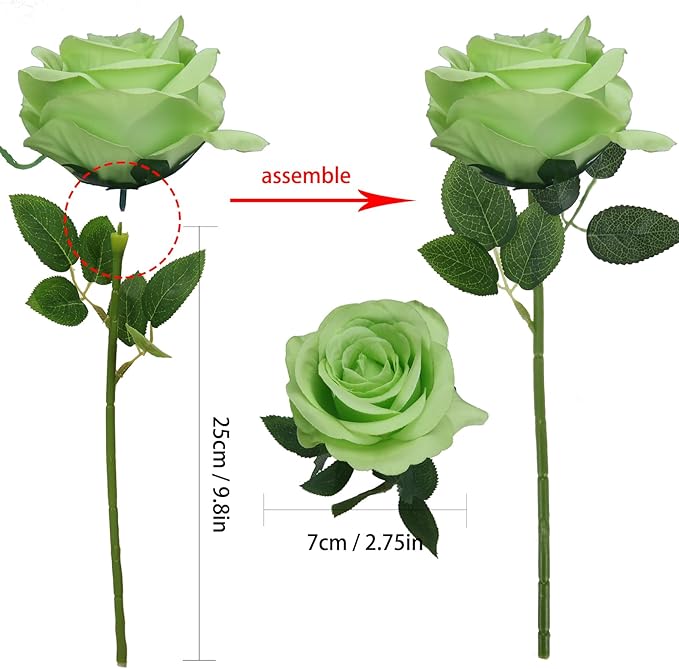 Felice Arts 12 Pack Light Green Artificial Flowers with Stems Silk Roses Fake Flowers Bouquet for Wedding Centerpiece Table Vase Home Kitchen Party DIY Decor