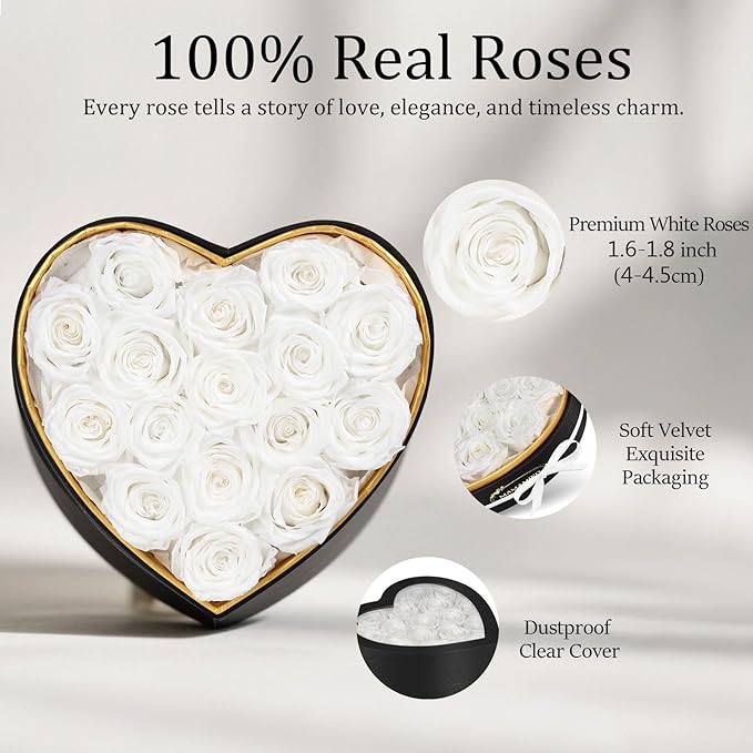 16 Preserved Roses in Heart Shape Gift Box for Her - Forever Flowers for Delivery, Eternal Rose Mothers Gifts for Mom, Wife Anniversary Birthday Gifts for Women, White