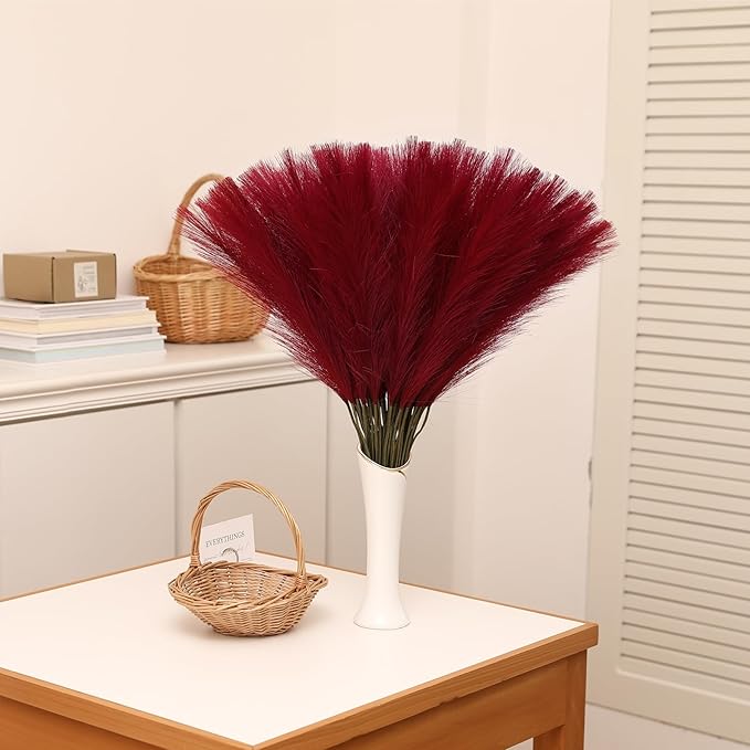 Faux Burgundy Pampas Grass - 30pcs 24 Inch Artificial Pampas Grass Decor Tall, Fake Pompas Grass for Vase Filler, Table Centerpieces, Wedding, Party and Home Decor (Burgundy, 60 Pieces)