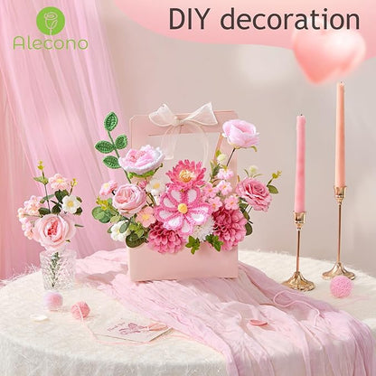 Alecono Crochet Flower Bouquet, Knitted Flowers, Pink Handmade Bouquet of Flowers for Lover Anniversary Birthday Party Mother's Day Graduation Gifts (Include Card)