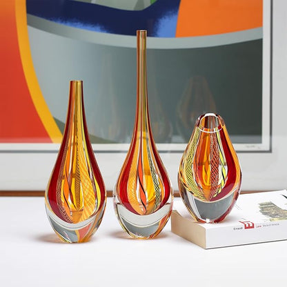 Ca D Oro Small Drop Glass Vase Boho with Red/Yellow Canes Hand Blown Murano-Style Art Glass - Model Tall