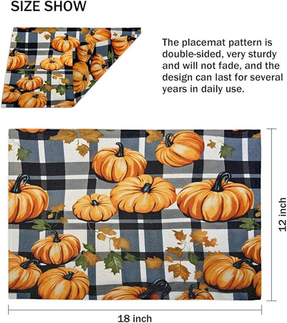 Halloween Pumpkin Placemats Set of 6, Washable Linen Place Mats, Black Buffalo Plaid Table Mats for Kitchen Dining Table Decor Heat Resistant Tablemats 12x18