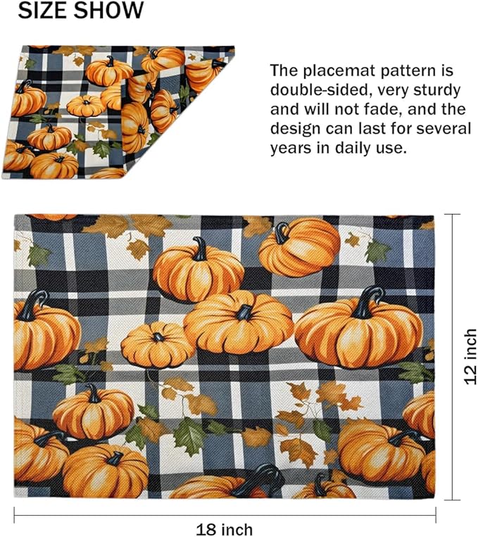 Halloween Pumpkin Placemats, Place Mats Set of 4, Heat Resistant Place Mats, Washable Table Mats for Dining Table, Non-Slip Stain Resistant Kitchen Table Placemats, Black Buffalo Plaid