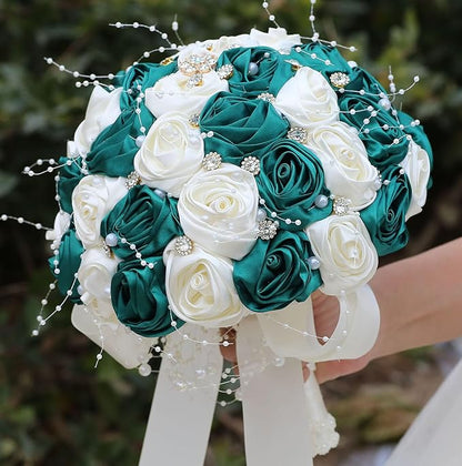 Bridal Wedding Bouquet Round Bling Brooch Bouquet Throw Toss Artificial Rose Flower Bunch for Bride Bridesmaid Wedding Quinceanera(Dark Green & Ivory, 8.7")