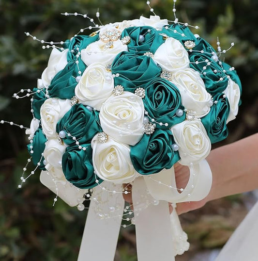 Bridal Wedding Bouquet Round Bling Brooch Bouquet Throw Toss Artificial Rose Flower Bunch for Bride Bridesmaid Wedding Quinceanera(Dark Green & Ivory, 8.7")