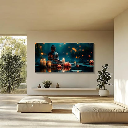 Iallbin Buddha Wall Art & Zen Wall Decor, White Lotus on Water Canvas Painting - for Yoga Meditation Room, Spa & Bathroom, Blue Art Deco Style, 48x24 Inches