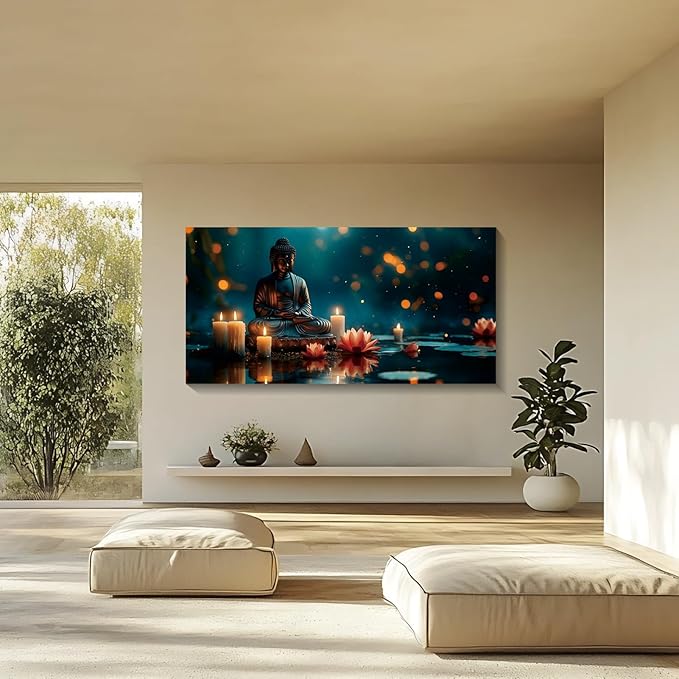Iallbin Buddha Wall Art & Zen Wall Decor, White Lotus on Water Canvas Painting - for Yoga Meditation Room, Spa & Bathroom, Blue Art Deco Style, 58x29 Inches