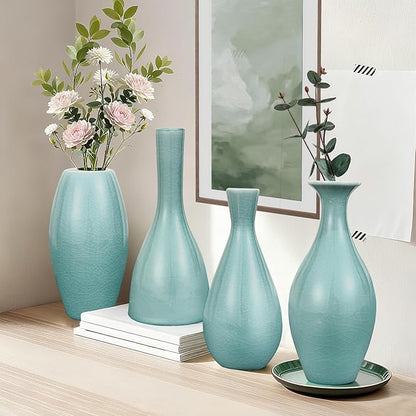 Ceramic Vase Set of 4, Elegant Azure Color Vase for Rustic Modern Home Decor, Crackled Ice Patterns Glaze Decorative Vases for Living Room, Kitchen,Table,Shelf,Office,Housewarming,Gift